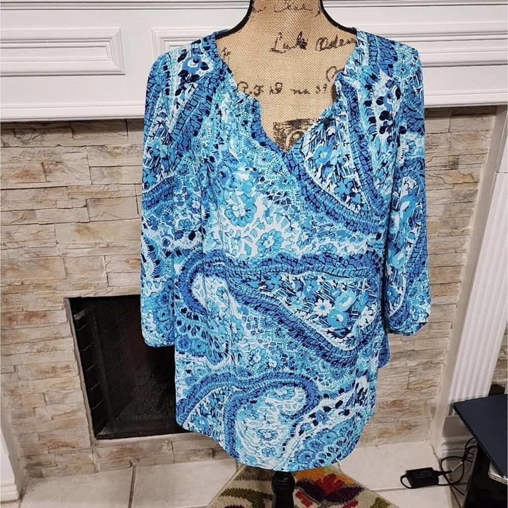 Talbots blue and black patterned peasant paisley‎ blouse plus size X 1X